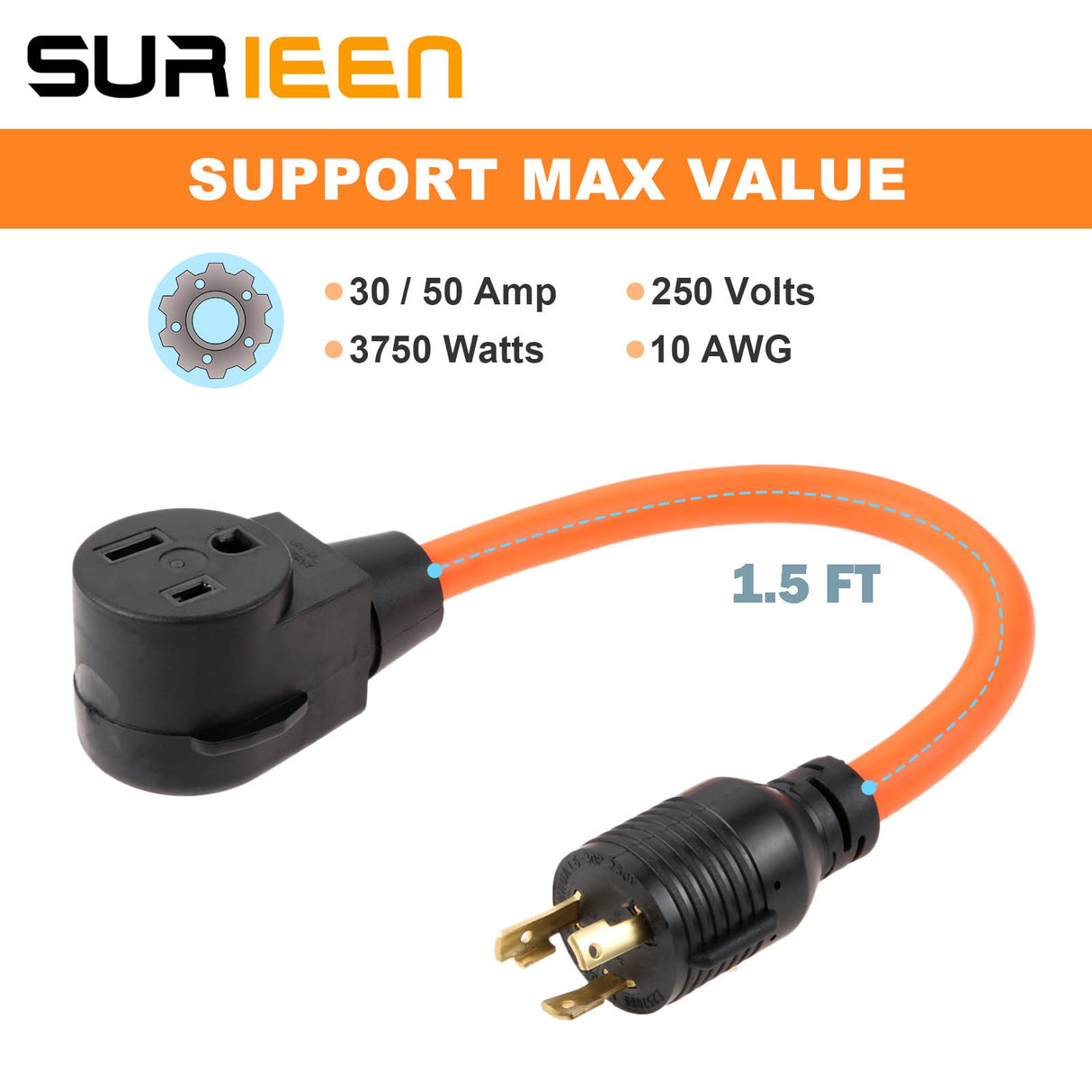 NEMA L6-30P to 6-50R Adaptor Welder Dryer EV Charger Power Cord Adapter Connector, 30Amp to 50Amp Heavy Duty Adapter STW 10AWG 250V 1.5FT SURIEEN