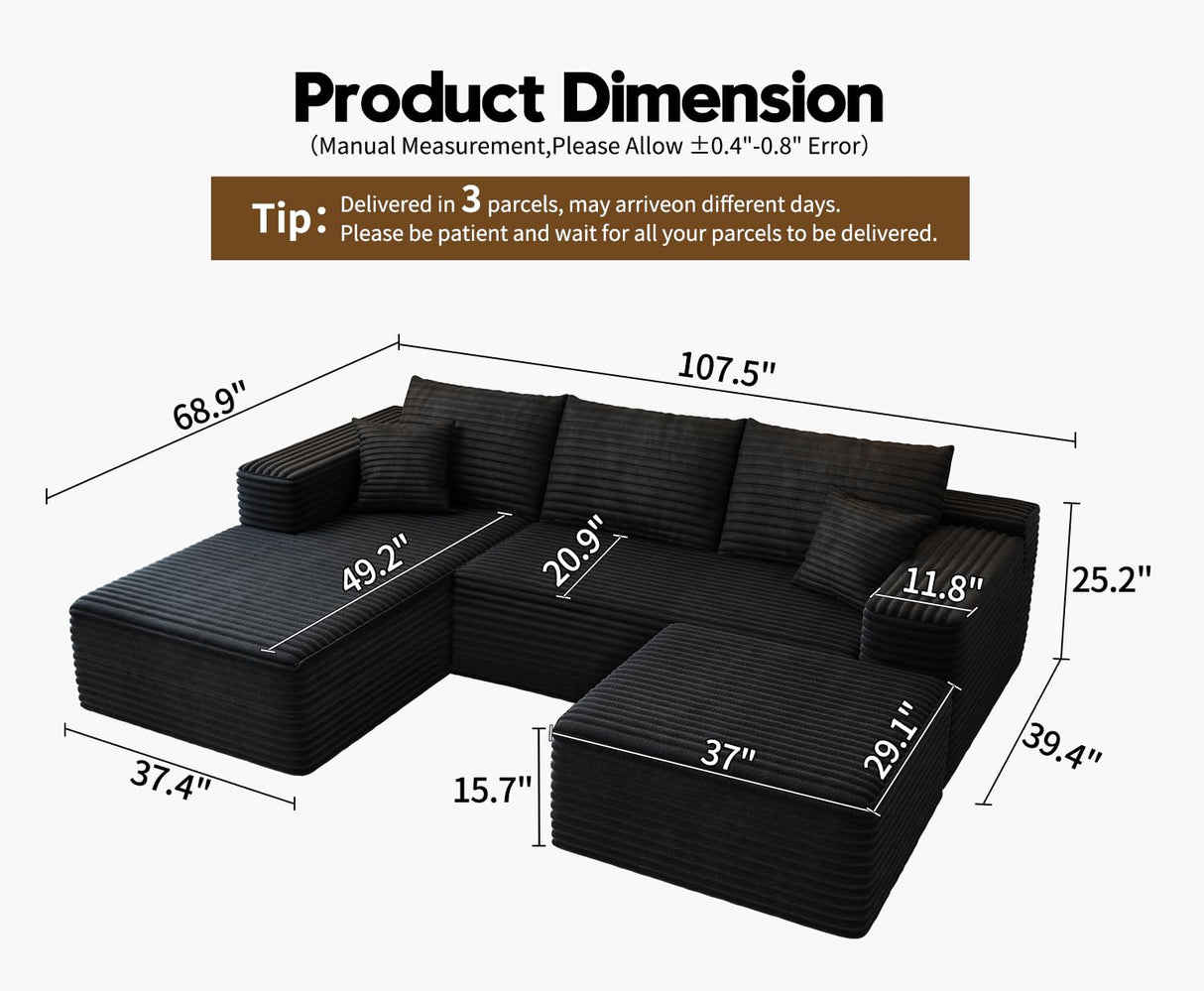 107.5" Cloud Modular Sectional Sofa with 1 Ottoman,Modern Minimalist Upholstered Couches, Comfort U Shaped Sofa for Living Room,Deep Seat Corner Couch,No Assembly Required (Black,Left Facing Chaise) Settab