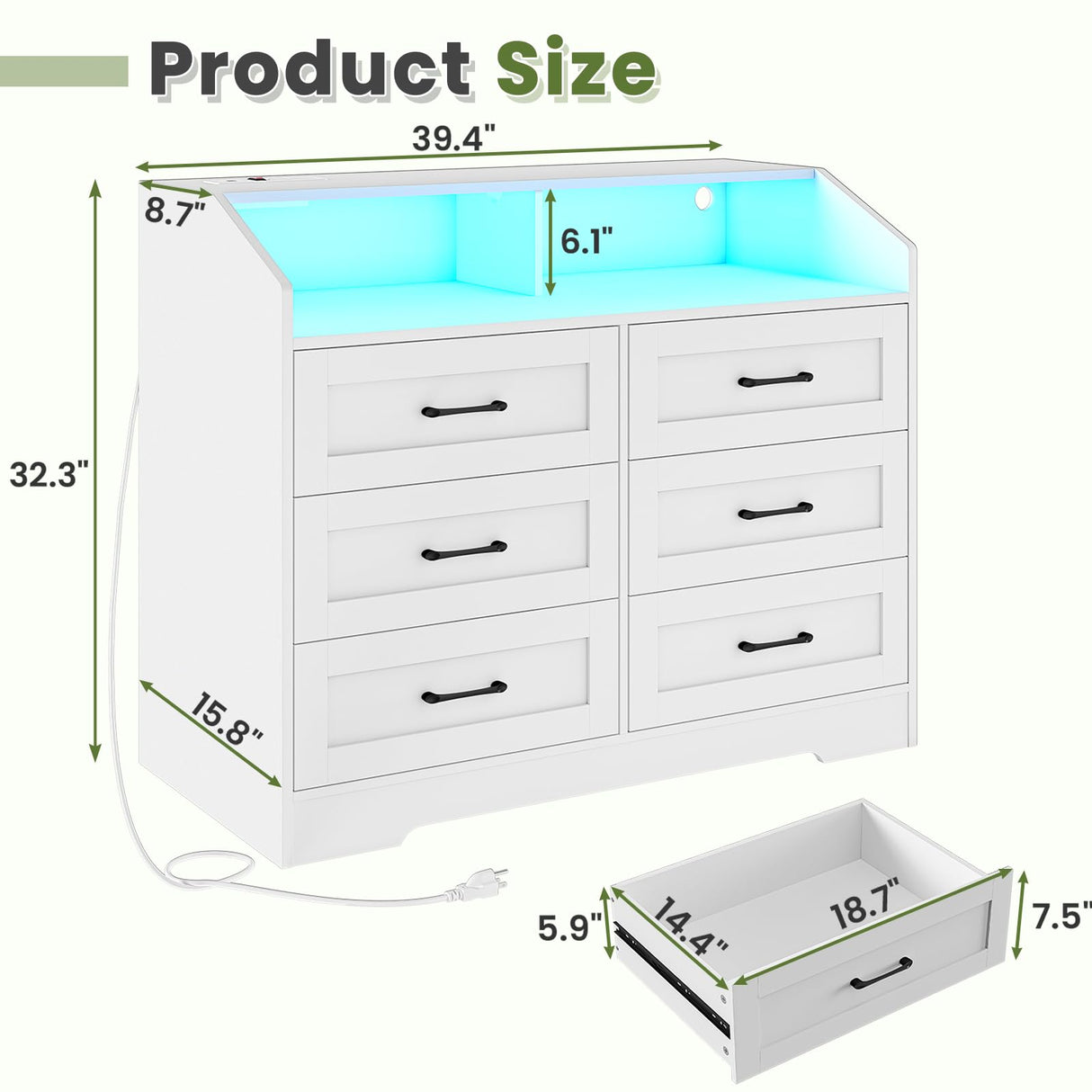 Hasuit White Dresser for Bedroom with LED Lights and Charging Station, Modern Wood 6 Drawers Storage Tower Clothes Organizer, Large Capacity Chest of Drawers Storage Cabinet for Bedroom, Living Room Hasuit