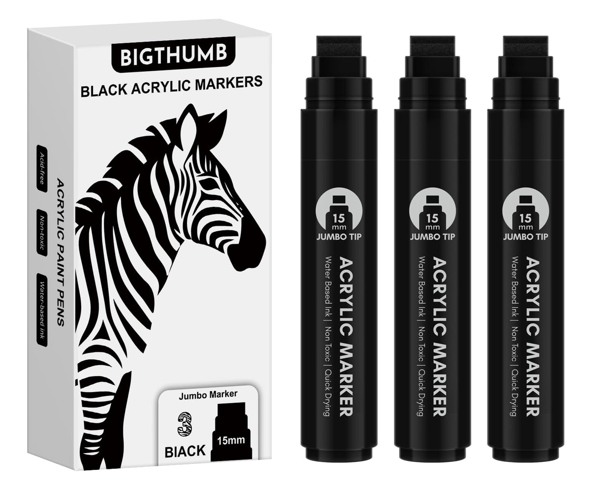 BIGTHUMB 3 Pcs Black Jumbo Permanent Markers: 15mm Wide Tip Thick Acrylic Paint Pen Large Calligraphy Marker for Rock Painting, Poster, Sign, Canvas, Glass, Wood, Ceramic BIGTHUMB
