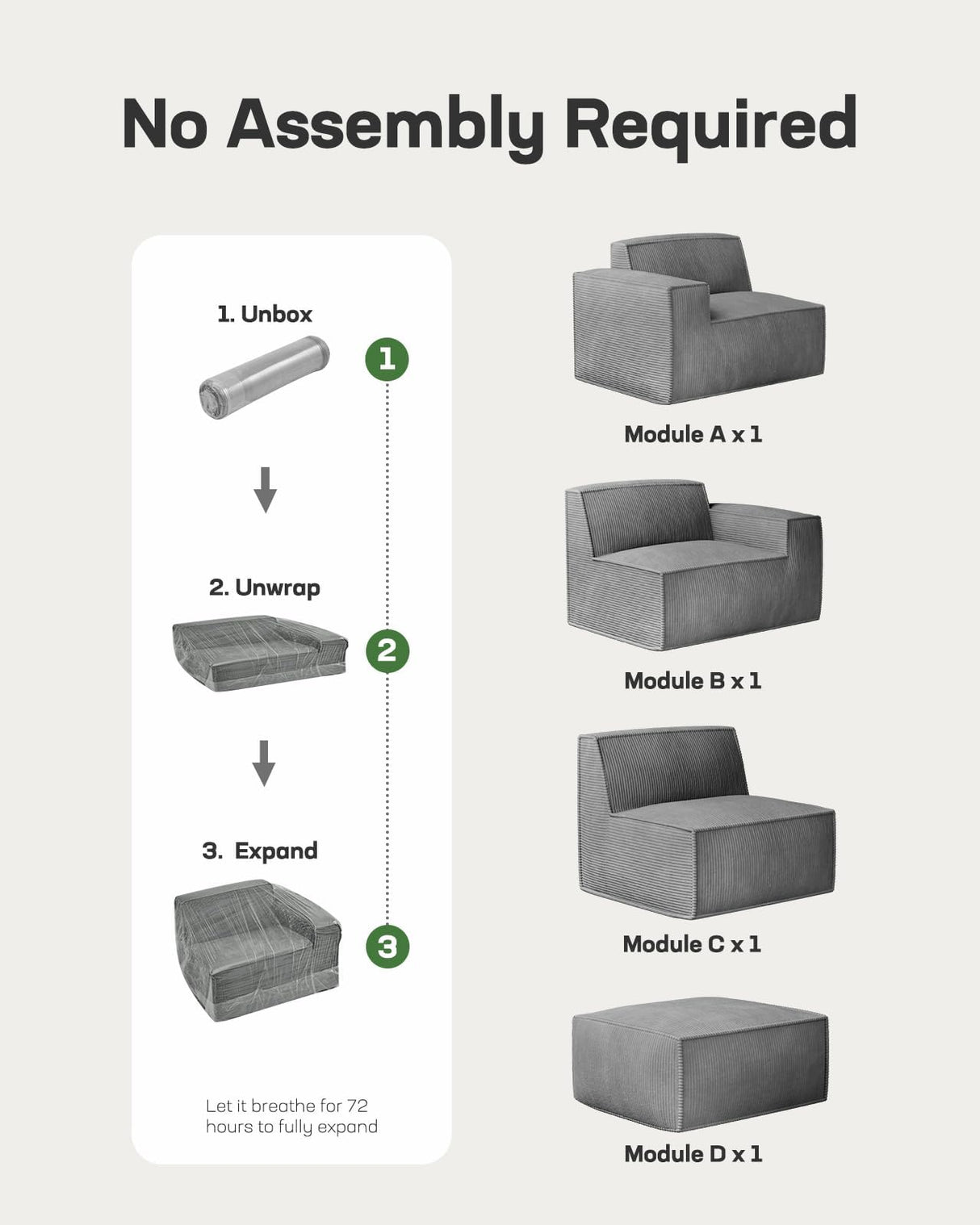Marsail 111" L-Shape Sofa, Modular Cloud Couches with Deep Seats & High-Back, Corduroy Sectional Sofa for Living Room Bedroom with Ottoman, No Assembly Required, Grey Marsail