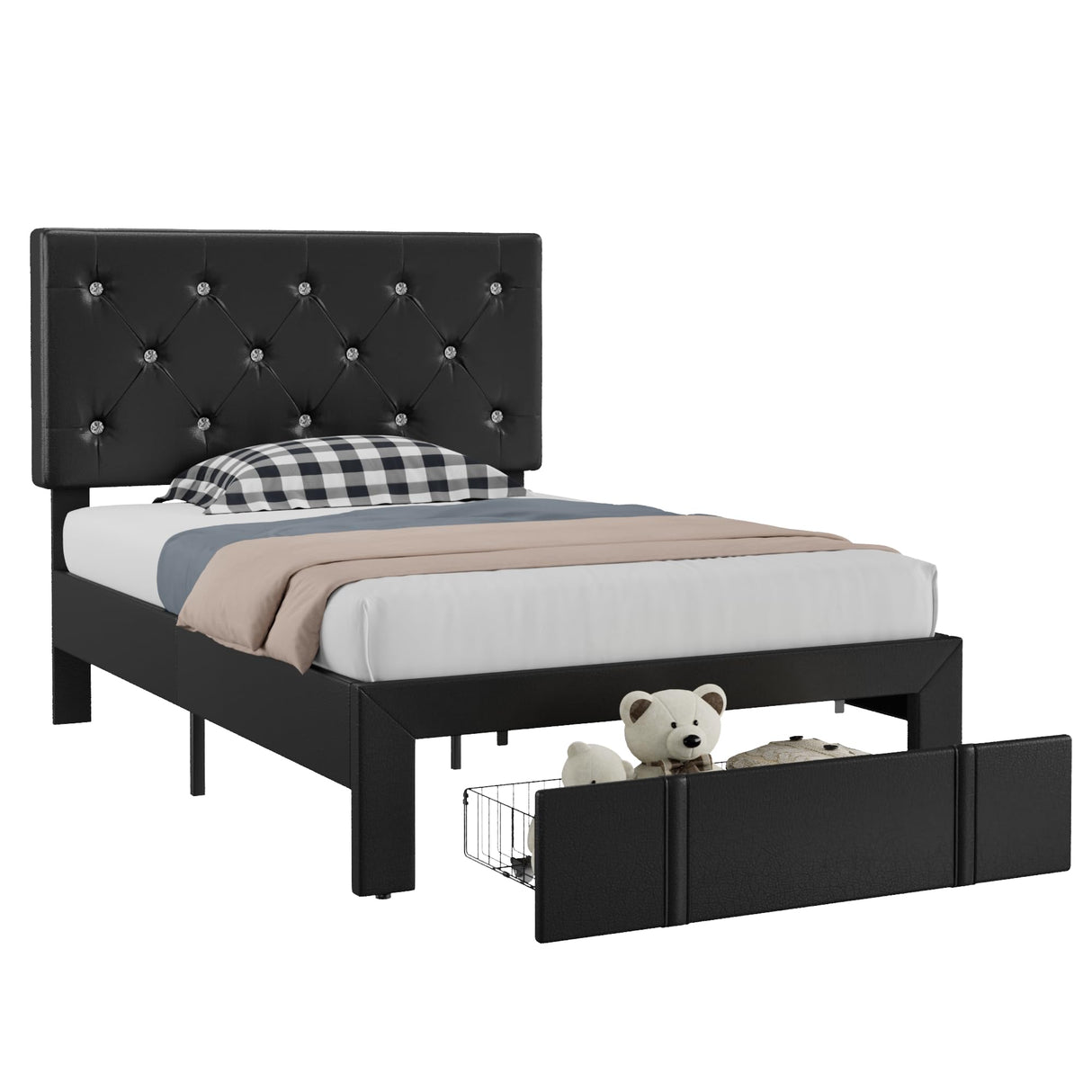 VECELO Twin Size Bed Frame with Storage Drawers, Leather Upholstered Bedframe with Diamond Tufted Headboard, Solid Wood Slat Support, No Box Spring Needed, PU Black VECELO