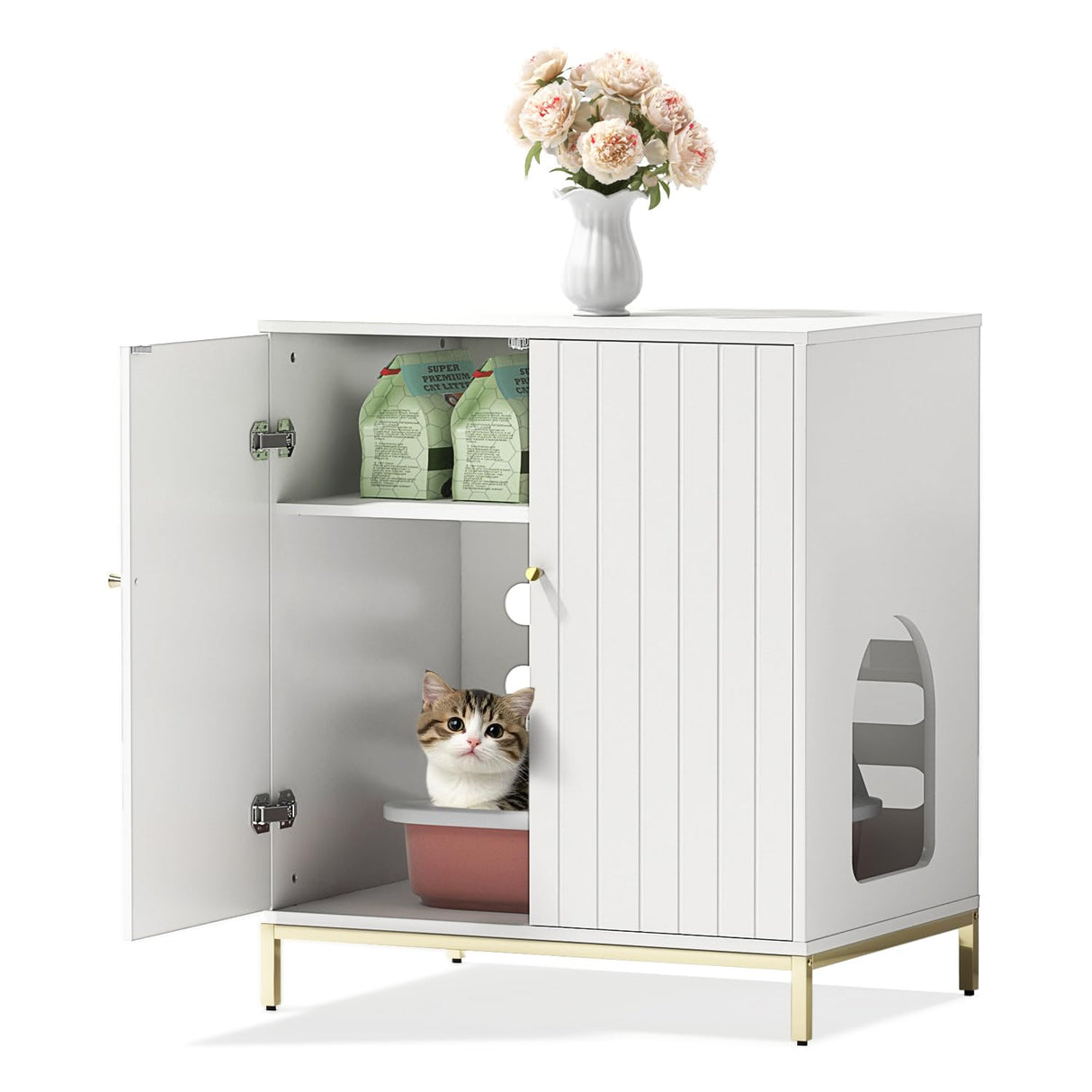 Convend Stylish Cat Litter Box Enclosure, Modern Hidden Litter Box Furniture with Tall Legs, Side Entrance, and Dual Use as End Table for Living Room or Bedroom (White & Gold) Convend