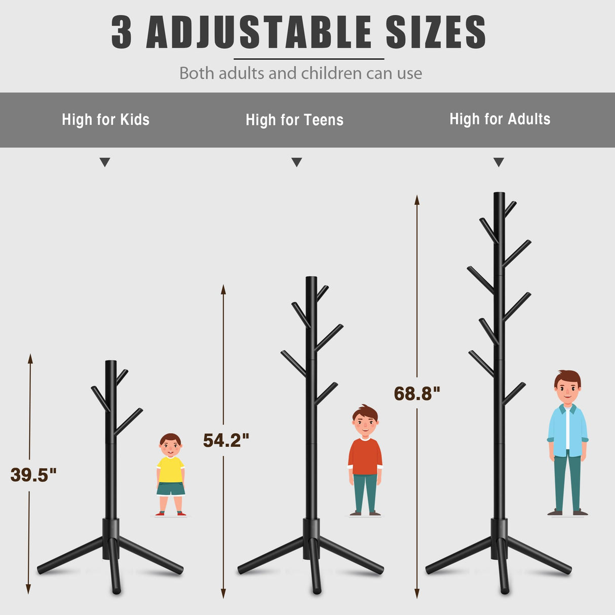 Azaeahom Wooden Coat Rack, Free Standing Coat Rack with 8 Hooks 3 Adjustable Heights for Clothes, Hats, Handbags, Coat Tree Easy Assembly for Entryway, Bedroom, Hallway, Office (New Black) Azaeahom