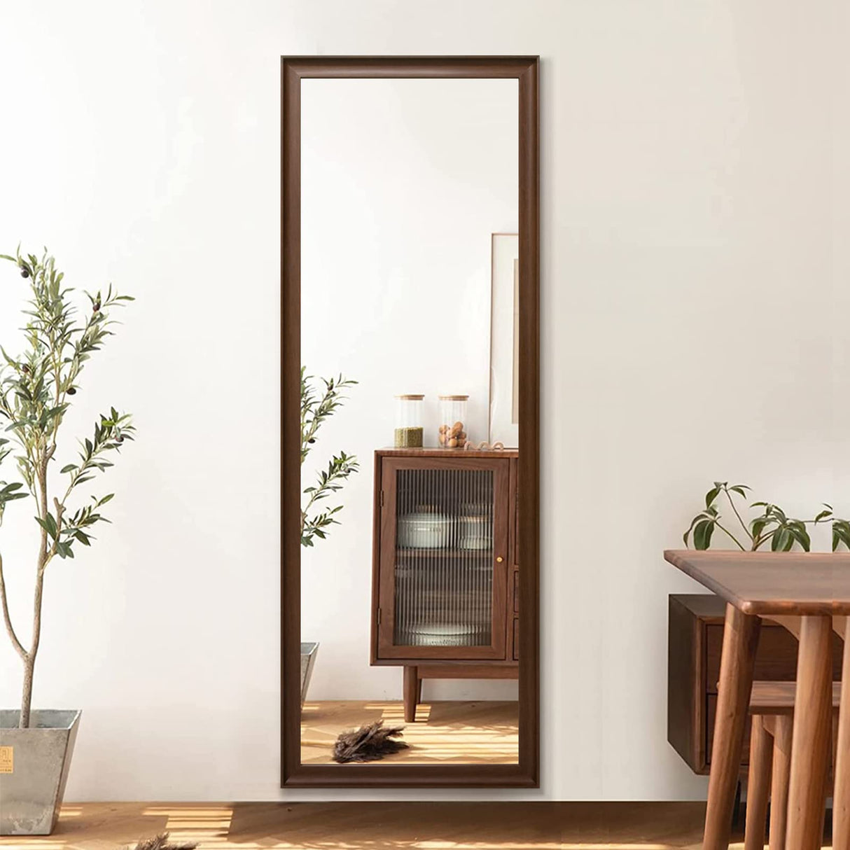 TheiaMo Full Length Mirror Wood Frame, 65×22in Floor Mirror Full Body Mirror with Standing Holder Hanging Wall Mirror, Stand Large HD Mirror, Dressing Mirror for Bedroom/Living Room, Walnut TheiaMo