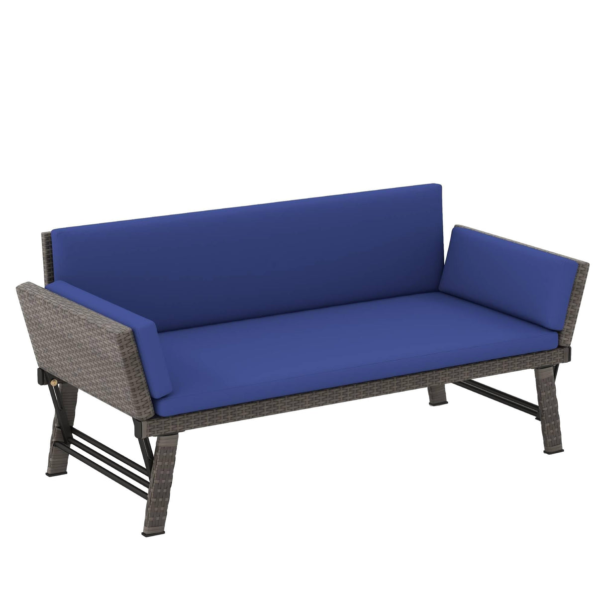 Tangkula Outdoor Convertible Sofa Daybed with Adjustable Armrests, PE Rattan Patio Couch Furniture with Thick Cushions, for Porch, Balcony, Backyard, Poolside (Navy) Tangkula
