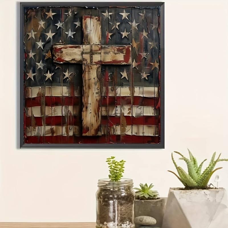 Patriotic American Flag Cross 5D Diamond Painting Kits for Adults Beginners, Independence Day Full Round Drill Diamond Art Kits, Paint by Diamonds Dot Gem Art Crystal, for Home Wall Decor 14X14Inch Clendo