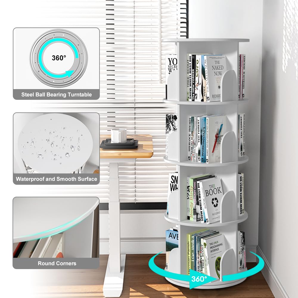 Nidouillet Rotating Bookshelf, Revolving Bookcase 360 Display Round Bookshelf Narrow Swivel Corner Book Shelf Standing Bookcase for Adult Bedroom, Living Room (White, 4 Tier-15.7" W) Nidouillet