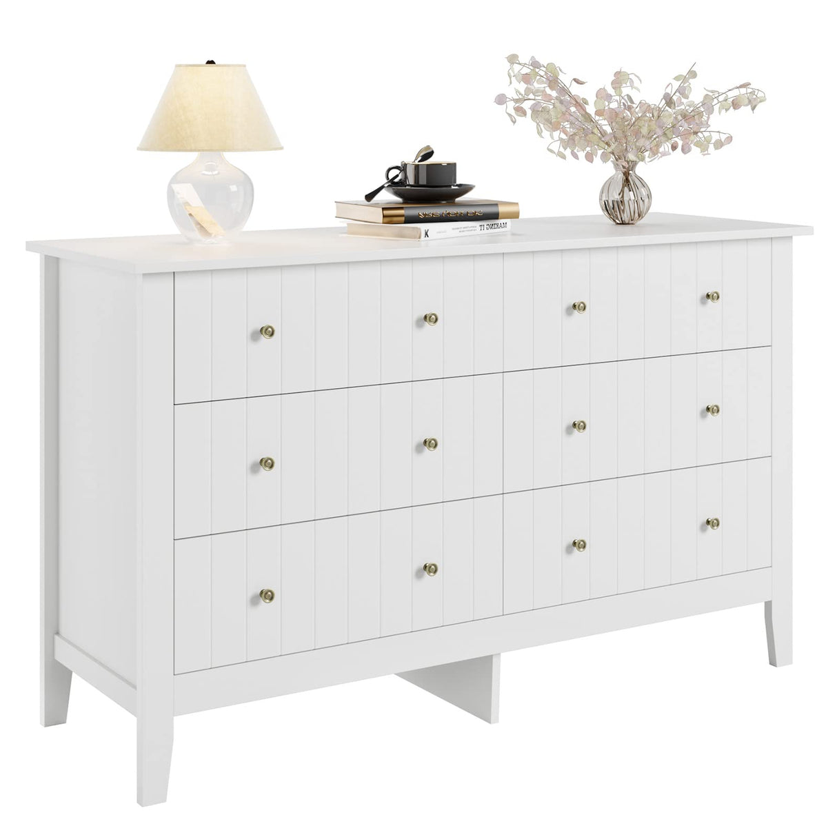 FOTOSOK White Dresser, Chest of Drawers, Modern 6 Drawer Double Dresser with Deep Drawers, Wide Storage Organizer Cabinet for Living Room, Hallway FOTOSOK