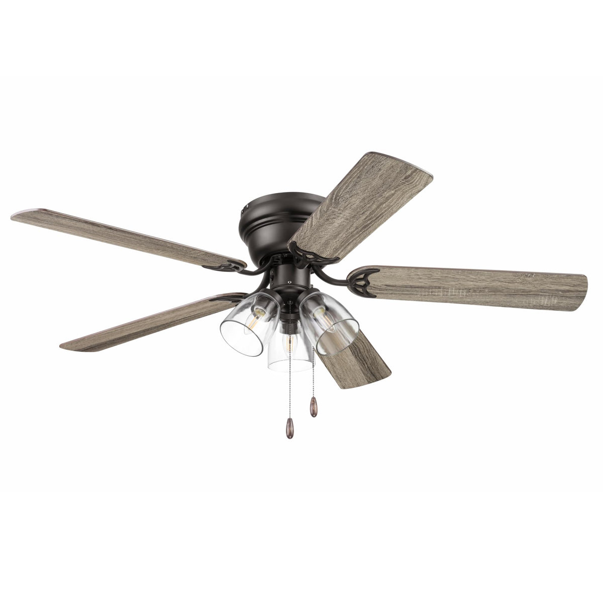 Portage Bay Ceiling Fans 52" Renton Bronze Indoor Fan with Clear 3 Light LED Multi Arm; E26/B11 Bulb and Pull-Chains, Traditional Style, 5 Reversible Barnwood/Dark Chestnut Blades, 51439 Portage Bay