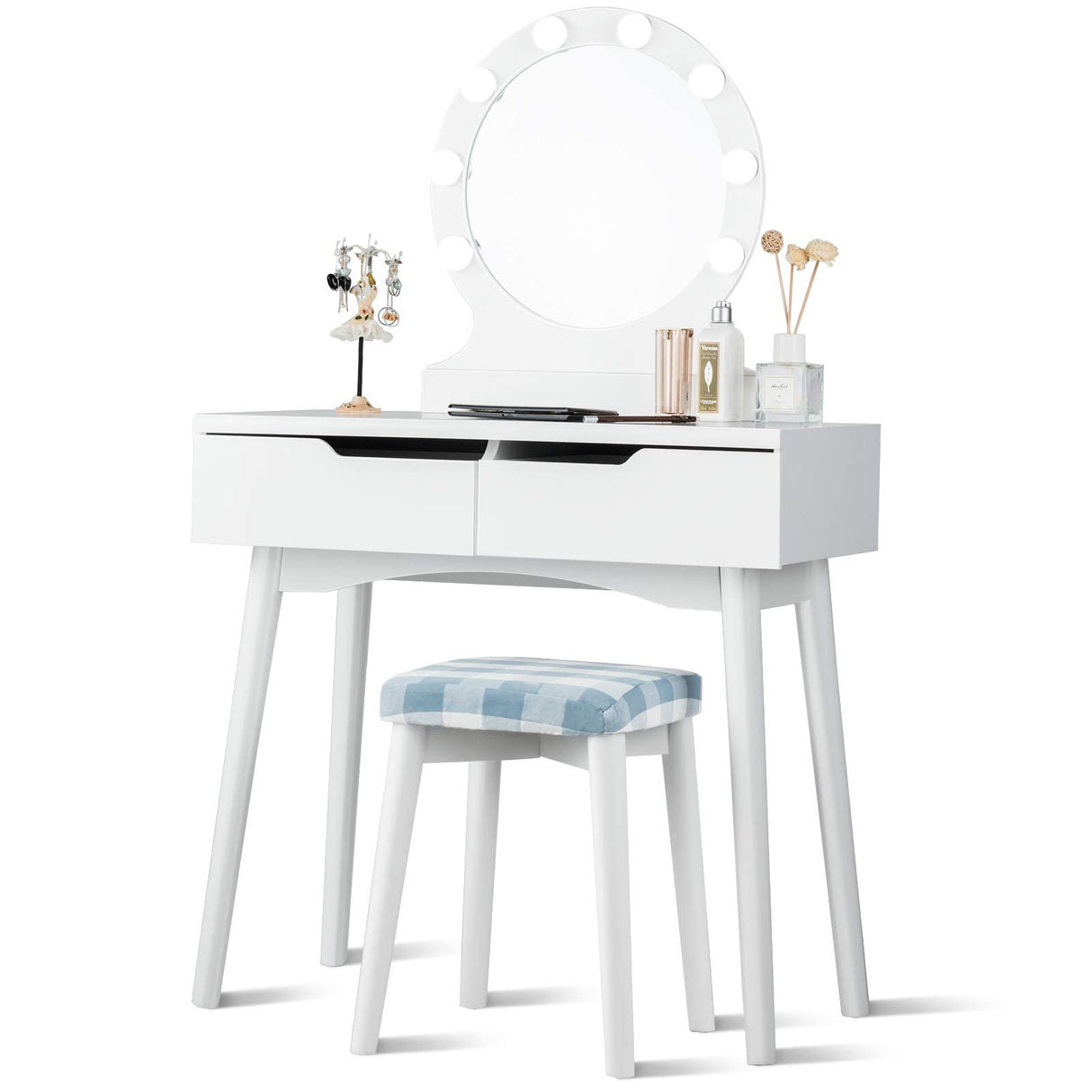Giantex Vanity Set with Round Lighted Mirror, Makeup Dressing Table with 8 Light Bulbs and Brightness Adjustable, Bedroom Makeup Table with Cushioned Stool and 2 Sliding Drawers (White) Giantex
