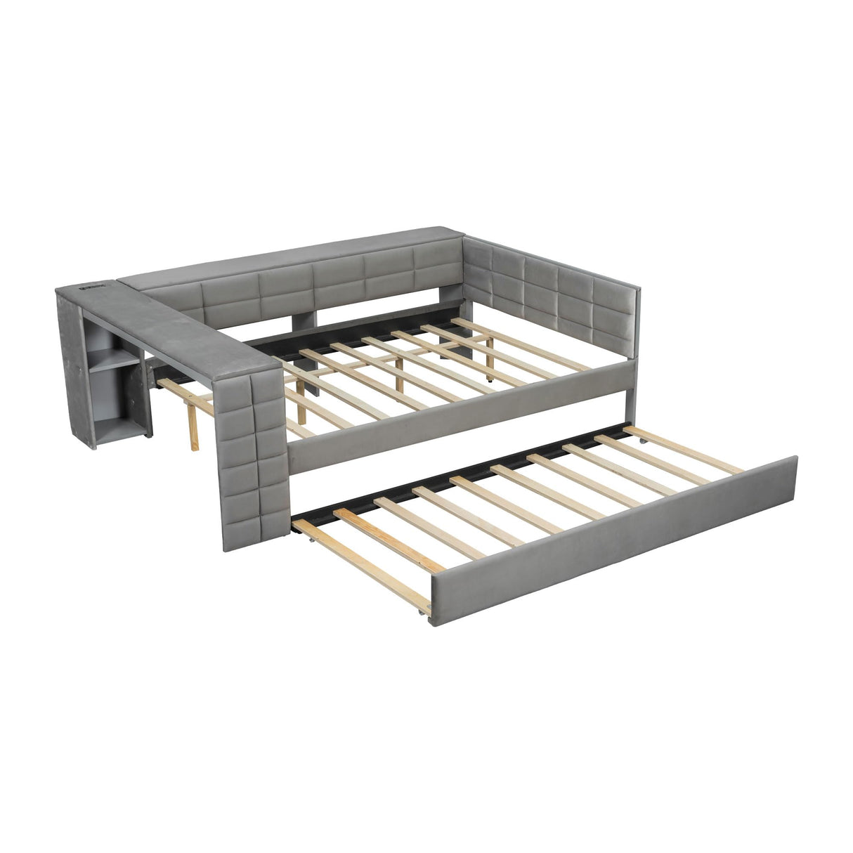 Merax Full Size Velvet Fabric Upholstered Platform Bed with Storage Shelves, Built-in Desk, USB Charging Station & Twin Trundle, Space-Saving Bed Frame for Small Rooms, Grey Merax