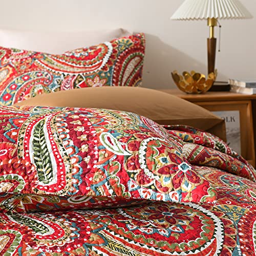 ENASAL Cotton Bedspread Quilt Sets, Reversible Bedding Coverlet Sets Comforter, Floral Paisley Bedspread (Red, King Size) ENASAL