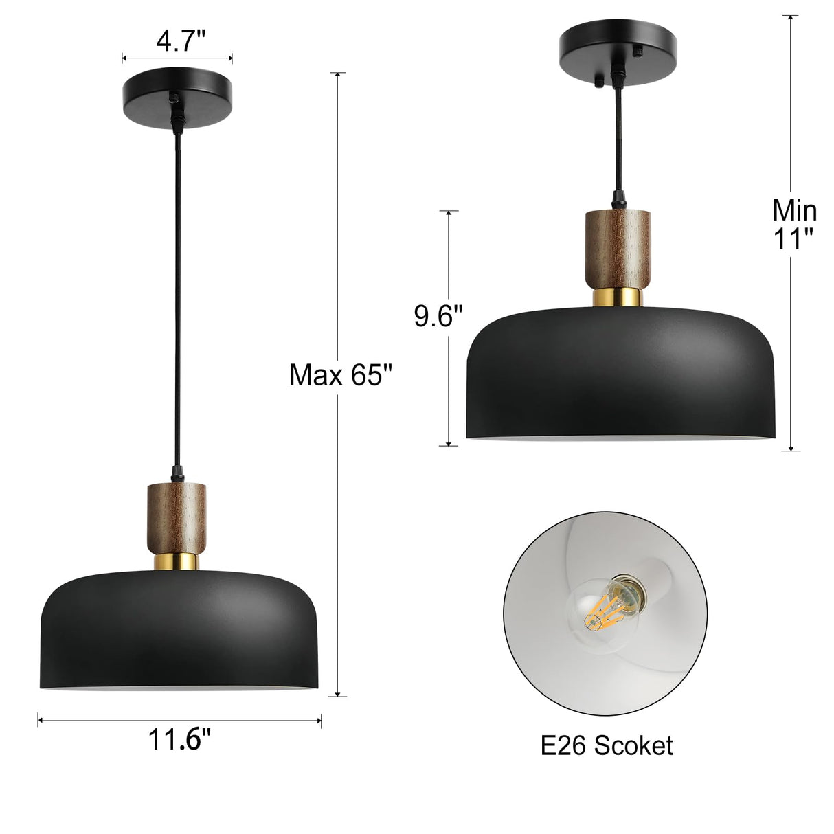 11.6" Modern Black Hanging Light,Large Pendant Light for Kitchen Island,Solid Wood with Hammered Shade,Adjustable Retro Dome Industrial Ceiling Lighting Fixture for Dining Room Hallway Entrance Eustace