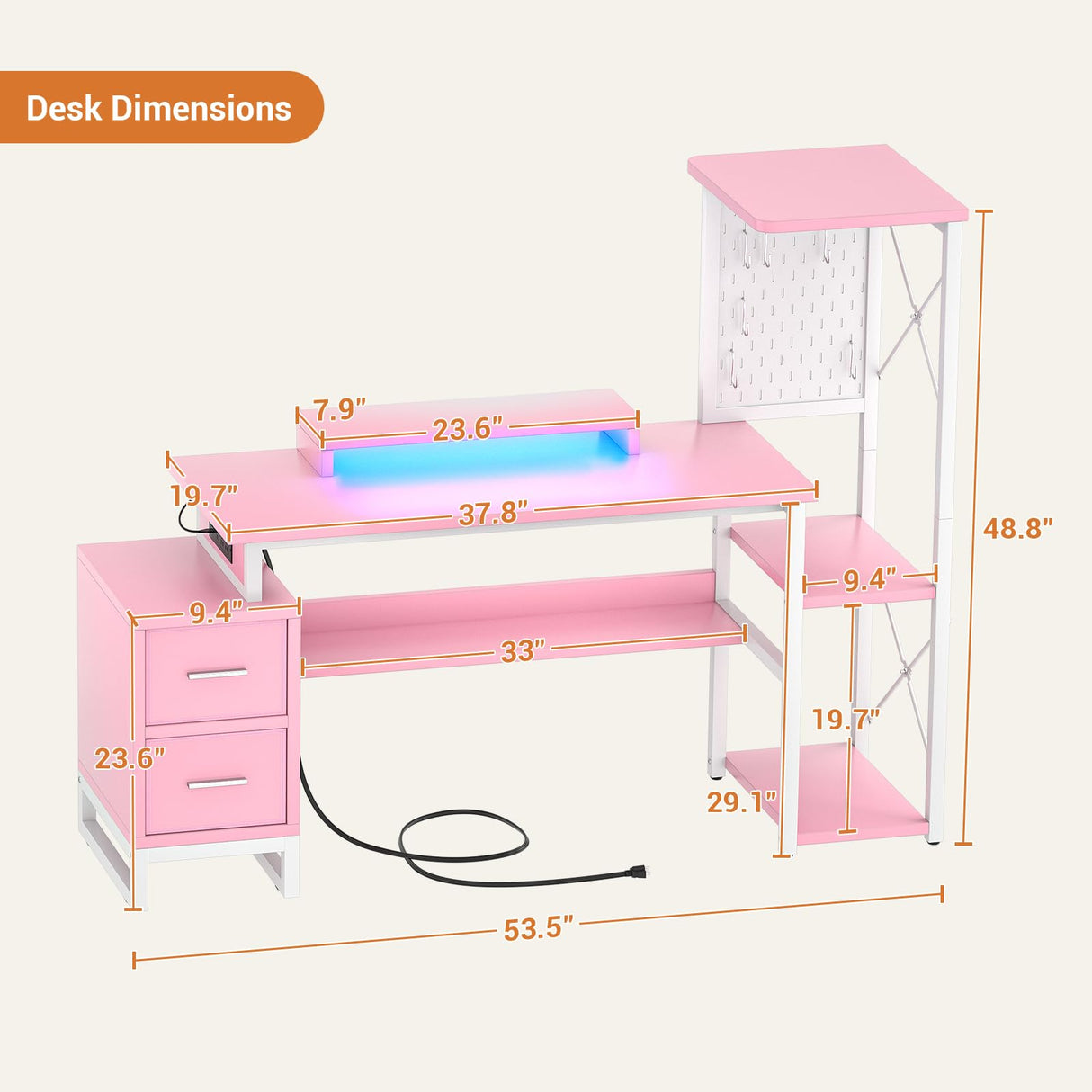 Computer Desk with 2 Fabric Drawers - Reversible Home Office Desk with Power Outlet & LED Lights, 53" Writing Desk with Monitor Stand & Storage Shelves, Gaming Desk Study Table with Pegboard, Pink armocity