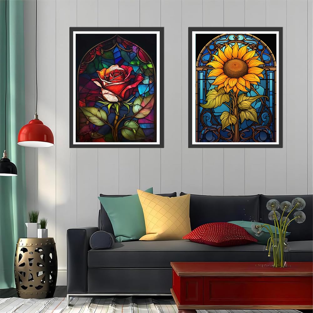 OFRKE 2-Piece Rose Sunflower Diamond Painting Kits for Adults, Round Full Drill 5D DIY Diamond Art Kits for Home Wall Decor 12"x16" OFRKE