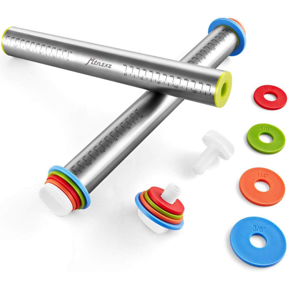 Rolling Pin and Silicone Baking Pastry Mat Set, Stainless Steel Dough Roller with Adjustable Thickness Rings, for Pizza, Pie, Pastries, Pasta, Cookies MTNZXZ