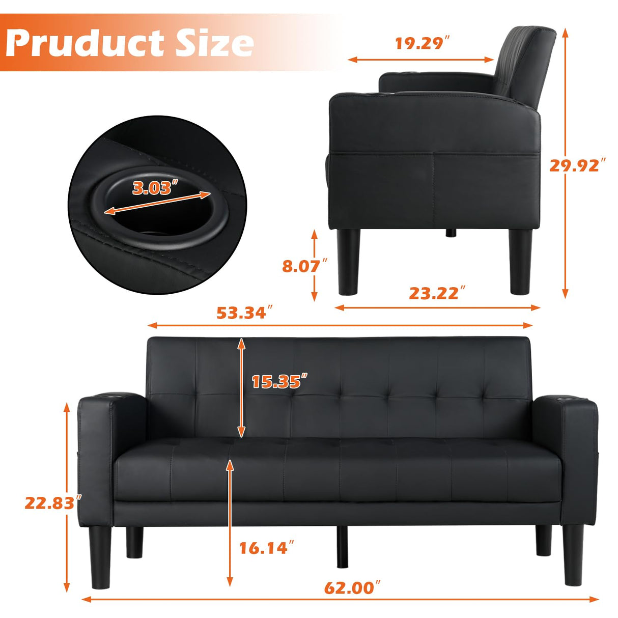 AILEEKISS 62" Loveseat Couches Upholstered Leather Love Seat Sofas Couch with 2 USB, Cup Holders, Side Pocket, Mid-Century Modern Tufted Sofa for Living Room,Office,Bedroom,Apartment (Black, 2-Seat) AILEEKISS