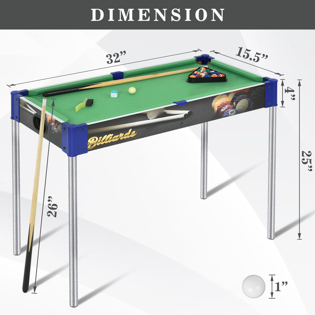 RAYKEEP 32” Mini Pool table, Removable Portable Billiards Table for Kids Adults, Compact and Space Saving Pool Table with 2 Cues, 16 Balls, Triangle, Chalk, Brush for Family Indoor Game(Green RAYKEEP