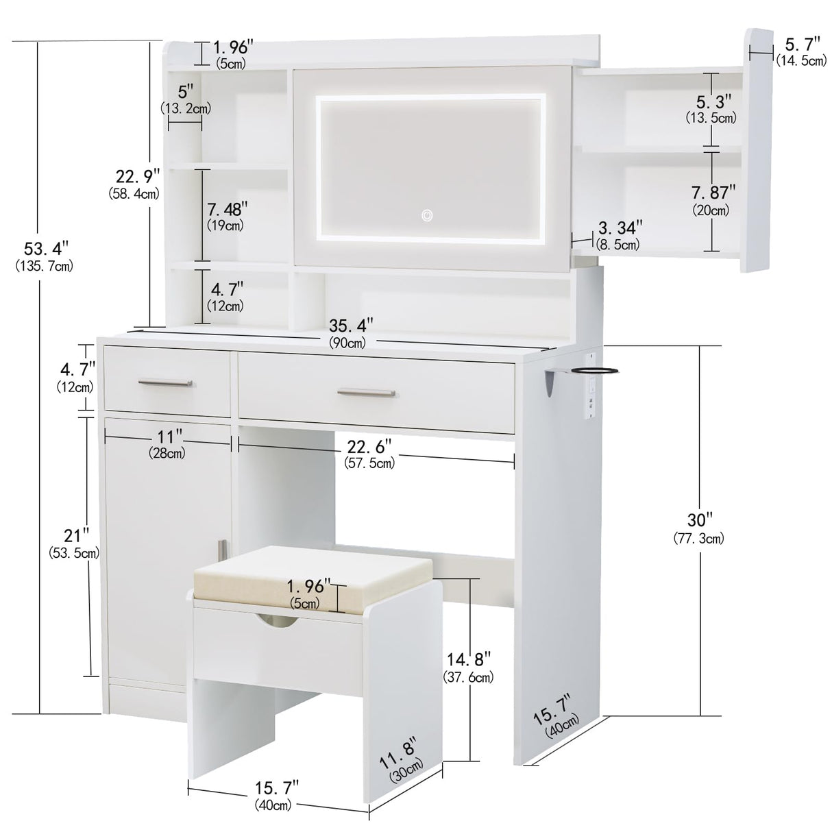 Viaozutis Vanity Desk with Mirror and Lights, with Hidden Shelves,4 Compartments,2 Drawers,Cabinet & Stool,Dimmable LED Lights,Power Outlets, Ideal for Bedroom Vanity Organization(White) Viaozutis