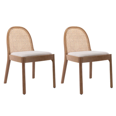 HEAH-YO Rattan Dining Chairs Set of 2, Upholstered Linen Dining Room Chairs with Backrests, Modern Kitchen Chairs with Wood Legs for Dining Room, Beige