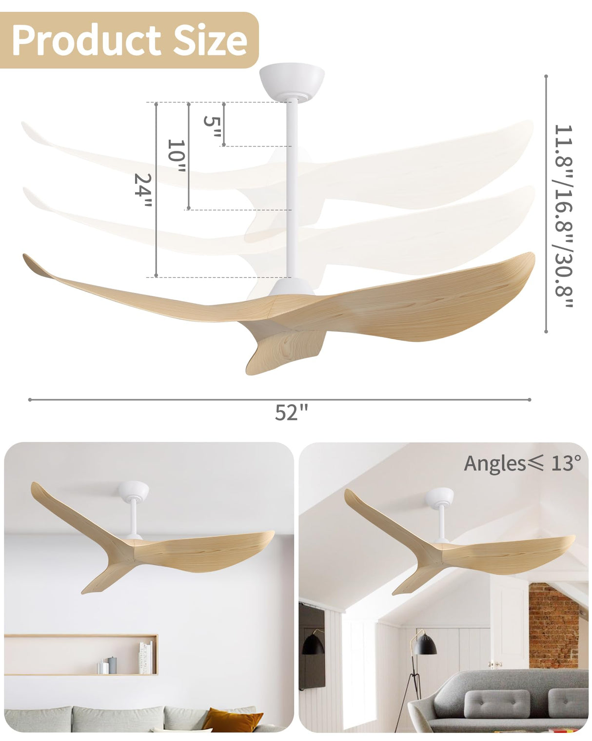 CACI Mall 52" Ceiling Fan No Light, Modern Ceiling Fan with Remote Control, 3 Blades Ceiling Fan with Noiseless Reversible Dc Motor for Living room, Bedroom CACI Mall