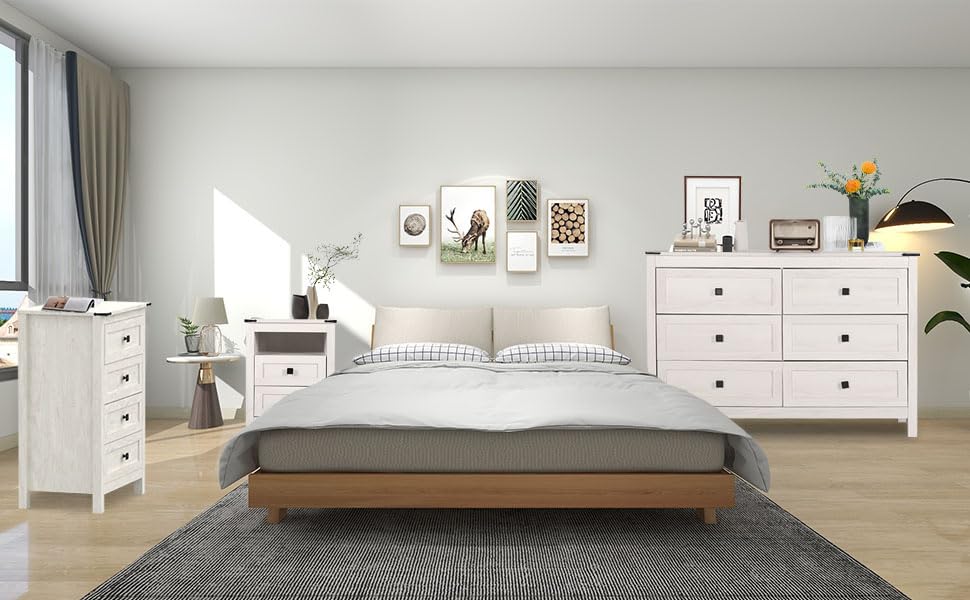 BTDWI Farmhouse 6 Drawer Dresser & 2 Nightstand Sets 3 Piece for Bedroom, Wood Dresser with Metal Handle for Bed Room, Light Beige BTDWI