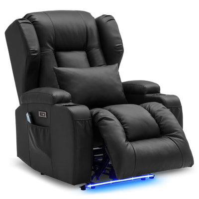 DRMBOOK Power Recliner Chair, Electric Wall Hugger Reclining Sofa with Massage & Heat, Overstuffed Theater Seating with LED/USB Port/Cup Holders for Living Room (Leather Black, 1 Chair)