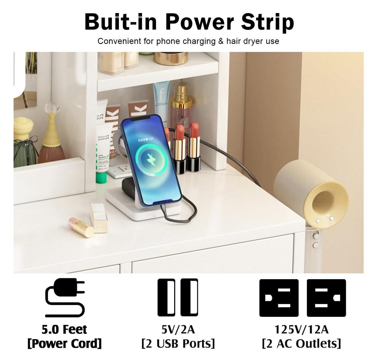 OTOQS Vanity Desk with Mirror and Lights, 4 Drawers & Benches Vanity Desk Set, 3 Color Lighting Modes Adjustable Brightness Vanity for Bedroom Makeup Table OTOQS