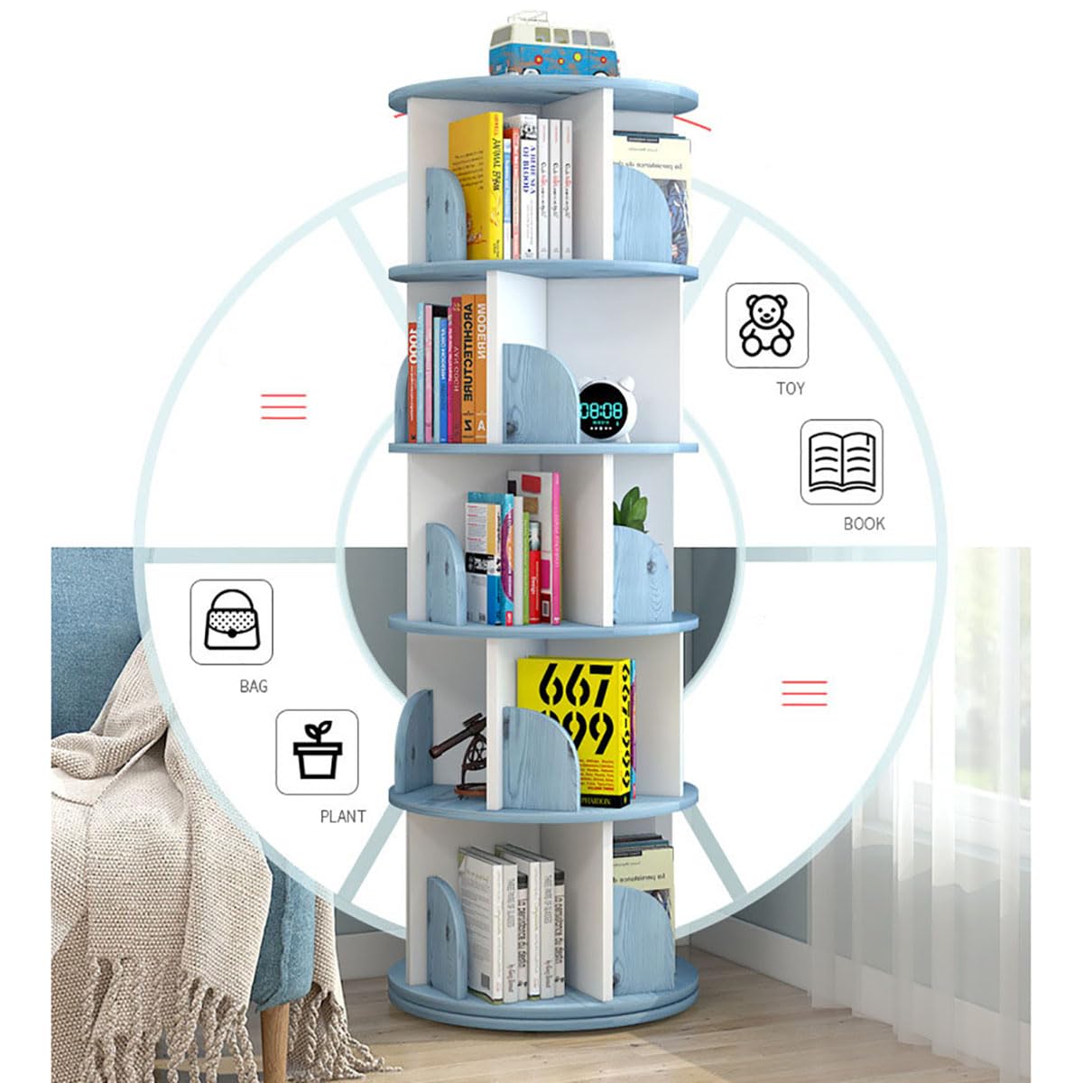 360° Rotating Bookshelf Tower for Kids & Adults - 5-Tier Circular Wood Storage Rack in White LSZMXI
