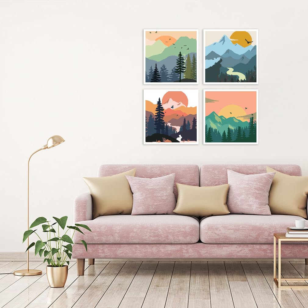4 Pack Paint by Number for Adults, Easy Sunset Landscape DIY Arts and Crafts for Adults Beginner with Paints Brushes, Tree River Mountain Acrylic Paint Set for Home Decor 8×8 Inch eniref
