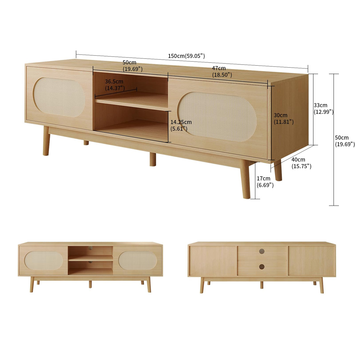 VOWNER Farmhouse Rattan TV Stand for 55/60/65 inch TV, Modern Entertainment Center with Natural Rattan Door and 2 Open Shelves, TV Console Table for Living Room, Wood Color VOWNER