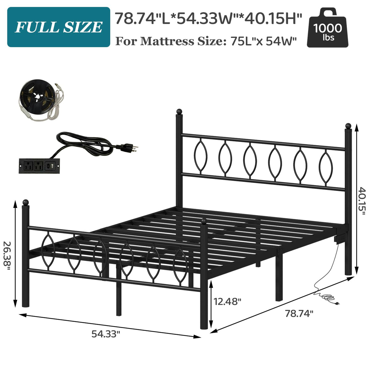 Samurbex Full Size Bed Frame with Headboard,Black Metal Platform Bed Frame Full Size with Charging Station & LED Lights,12-Inch Under Bed Storage,No Box Spring Needed,Noise Free,Easy to Assemble Samurbex