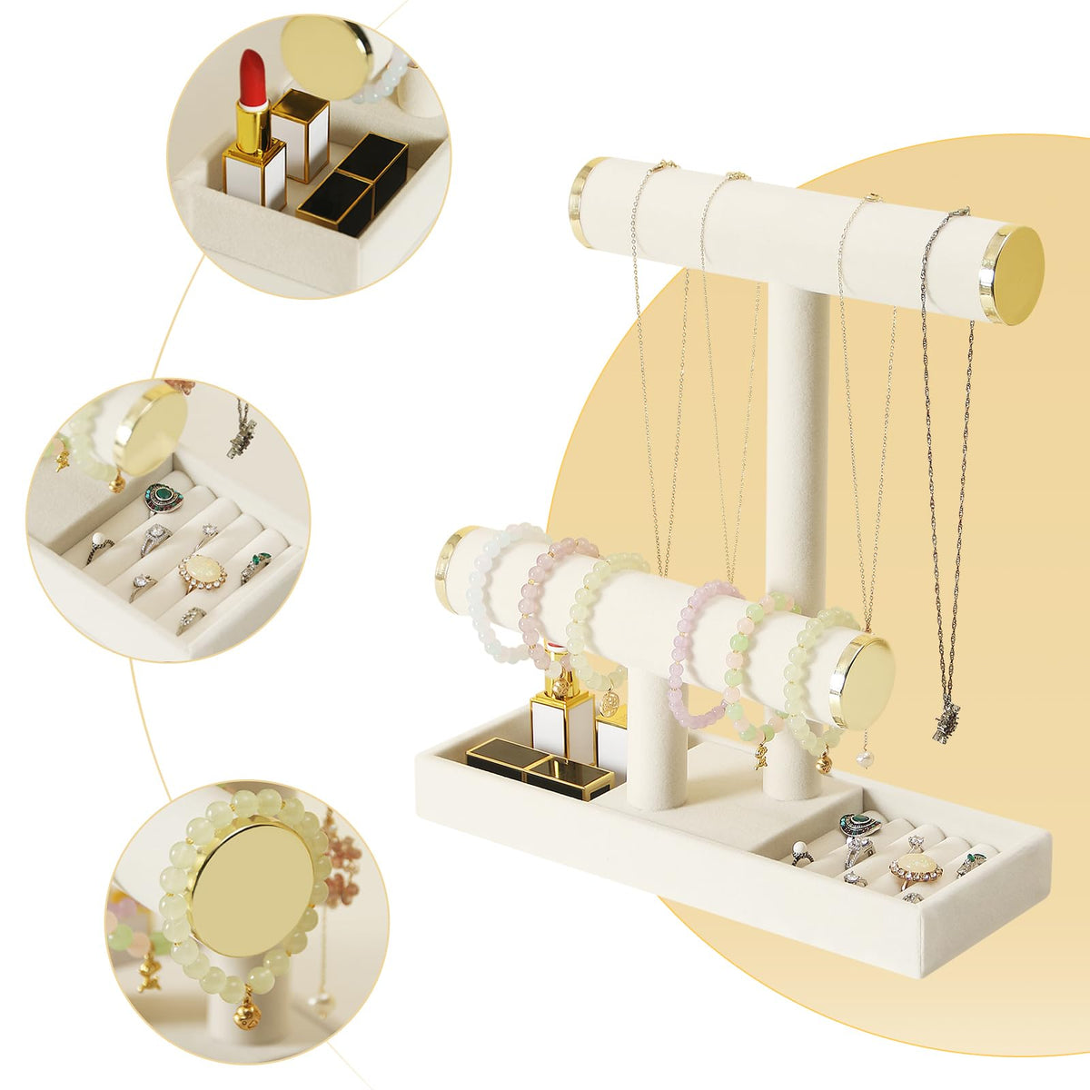 Pangkeep Jewelry Holder Stand,2 Tier Necklace Bracelet Organizer with Tray,Jewelry Displays for Selling Bangles Scrunchie Hair ties Watches and Chains (Beige) Pangkeep
