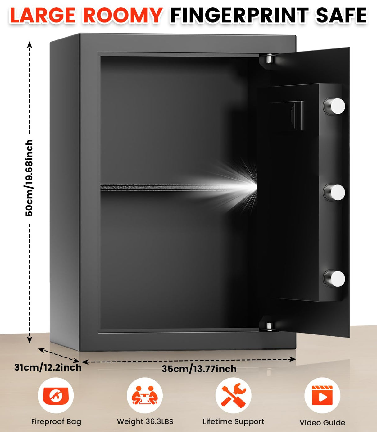 3.6 Cuft Biometric Fireproof Safe Box, Large Home Safes Fireproof Waterproof with Digital Programmable Keypad Keys, Dual Smart Alert, Security Fingerprint Fire Safe Box for Document Valuables Jewelry Povanje