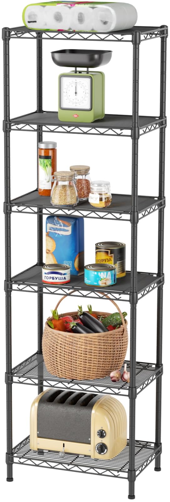 SINGAYE 6 Shelves Bathroom Organizers and Storage Shelf Wire Closet Metal Pantry Kitchen Small Garage Shelving Unit Laundry Room Organization Home Tall Rack Balck 10" D x 16" W x 60”H SINGAYE