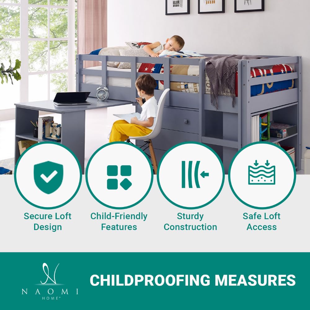 Naomi Home Grey Twin Size Loft Bed with Desk, Bookcase Shelf, Cabinet Ladder, and Safety Guard Rails Naomi Home
