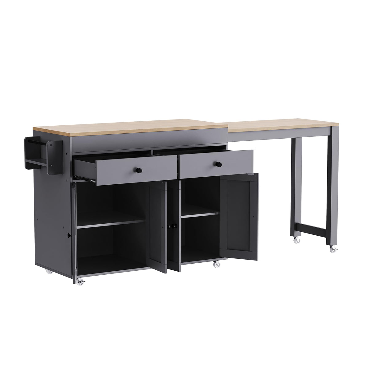 Quarte 74.5" Kitchen Island with Extendable Dining Table,Rolling Kitchen Island on Wheels, Storage Cart with 4 Door Cabinet, Spice Rack and 2 Drawers for Dining Room (E/Grey) Quarte