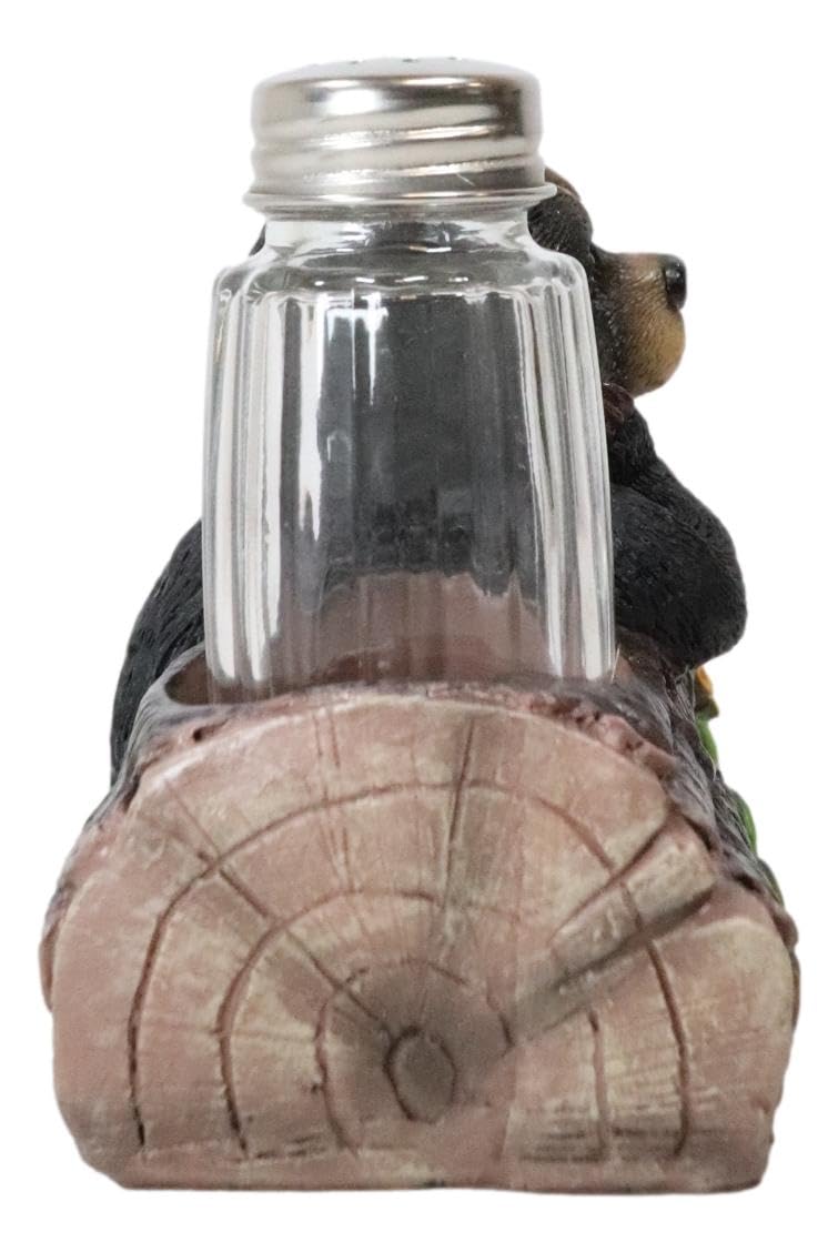 Ebros Black Baby Bear Cub Sitting In Log With Squirrel Salt And Pepper Shakers Holder Statue 6.75"Long Cabin Lodge Whimsical Bear Dining Table Centerpiece Ebros Gift