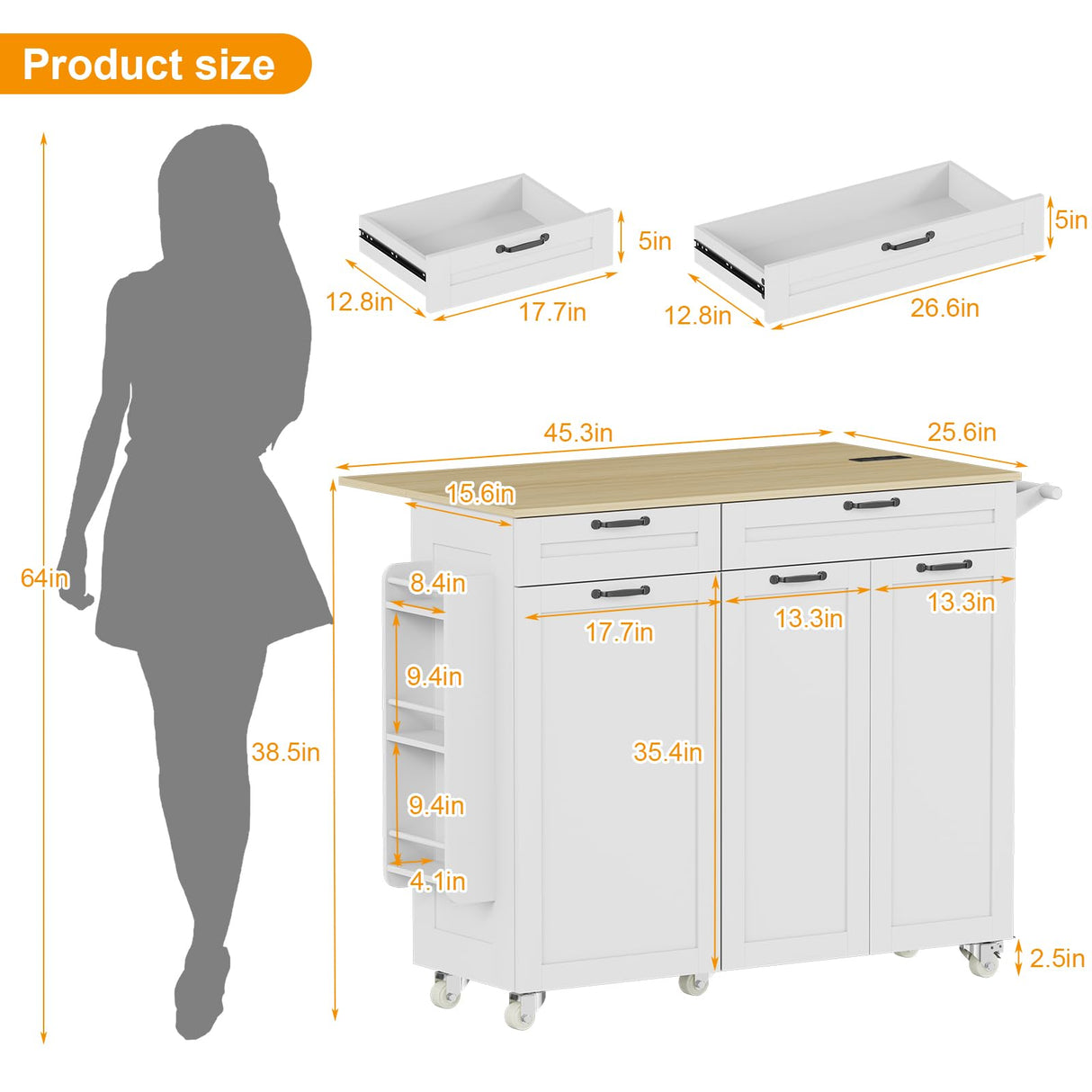 Rolling Kitchen Island with Power Outlet & Drop Leaf, Kitchen Island Cart with Trash Storage Cabinet,Kitchen Rolling Island with Spice Rack & Towel Rack, Knife Holder, Mobile Island Table for Kitchen GarveeHome