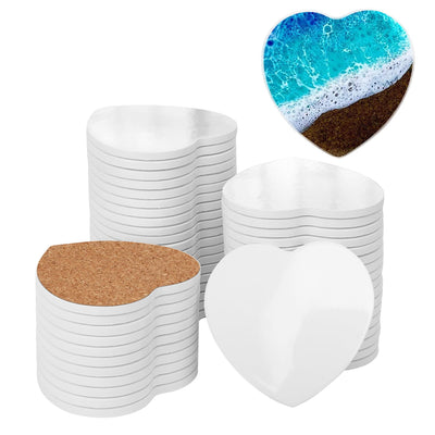 kukmakri 50 PCS Sublimation Blank Ceramic Coasters with Cork Backing Pads, 4.25 Inch Heart Shaped Versatile & Decorative Glazed Ceramic Coasters for Crafting, Absorbent Ceramic Stone Coaster for Drink