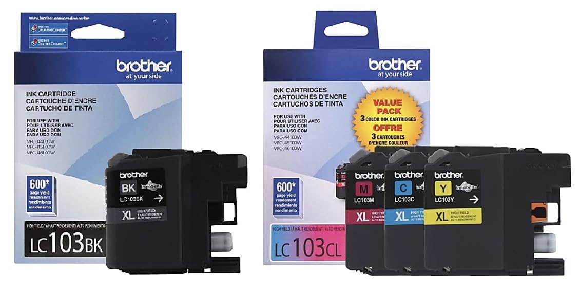 Brother LC103 Ink Cartridge (Black, Cyan, Magenta, Yellow, 4-Pack) in Retail Packaging Brother