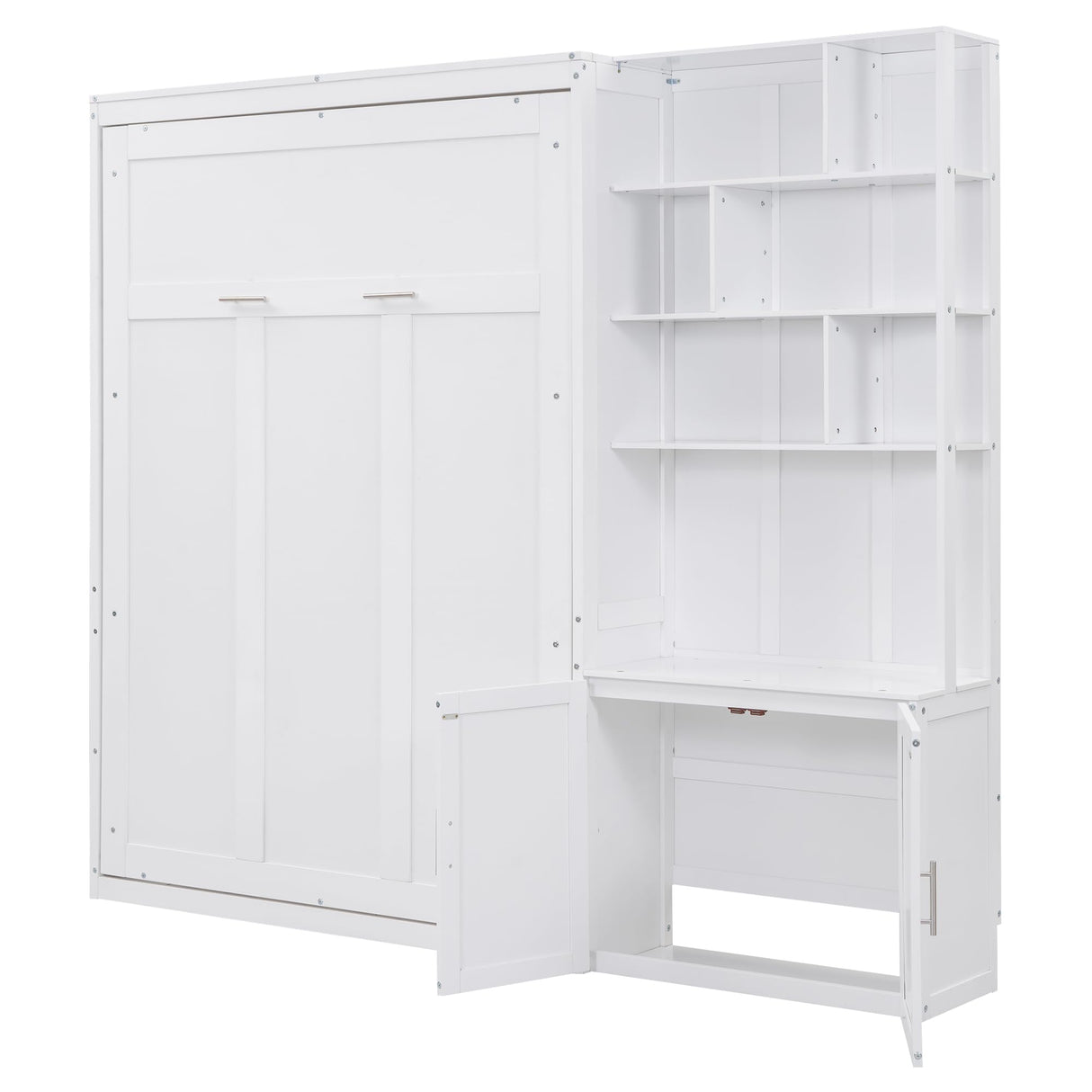 Merax Full Size Murphy Bed, White Wood Wall Bed Cabinet with Multiple Storage Shelves and a Cabinet Merax