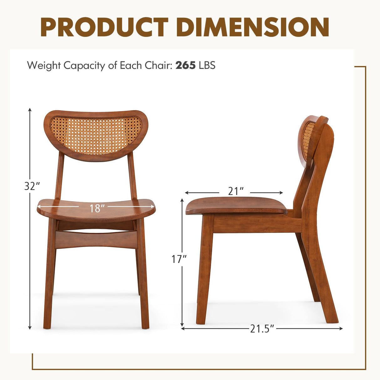 Giantex Wood Dining Chairs Set of 2, Armless Kitchen Chairs w/Breathable Mesh Cane Backrest, Rubber Wood Legs, Farmhouse Side Chairs, Max Load 265 lbs,Rattan Accent Chairs for Restaurant, Walnut Giantex
