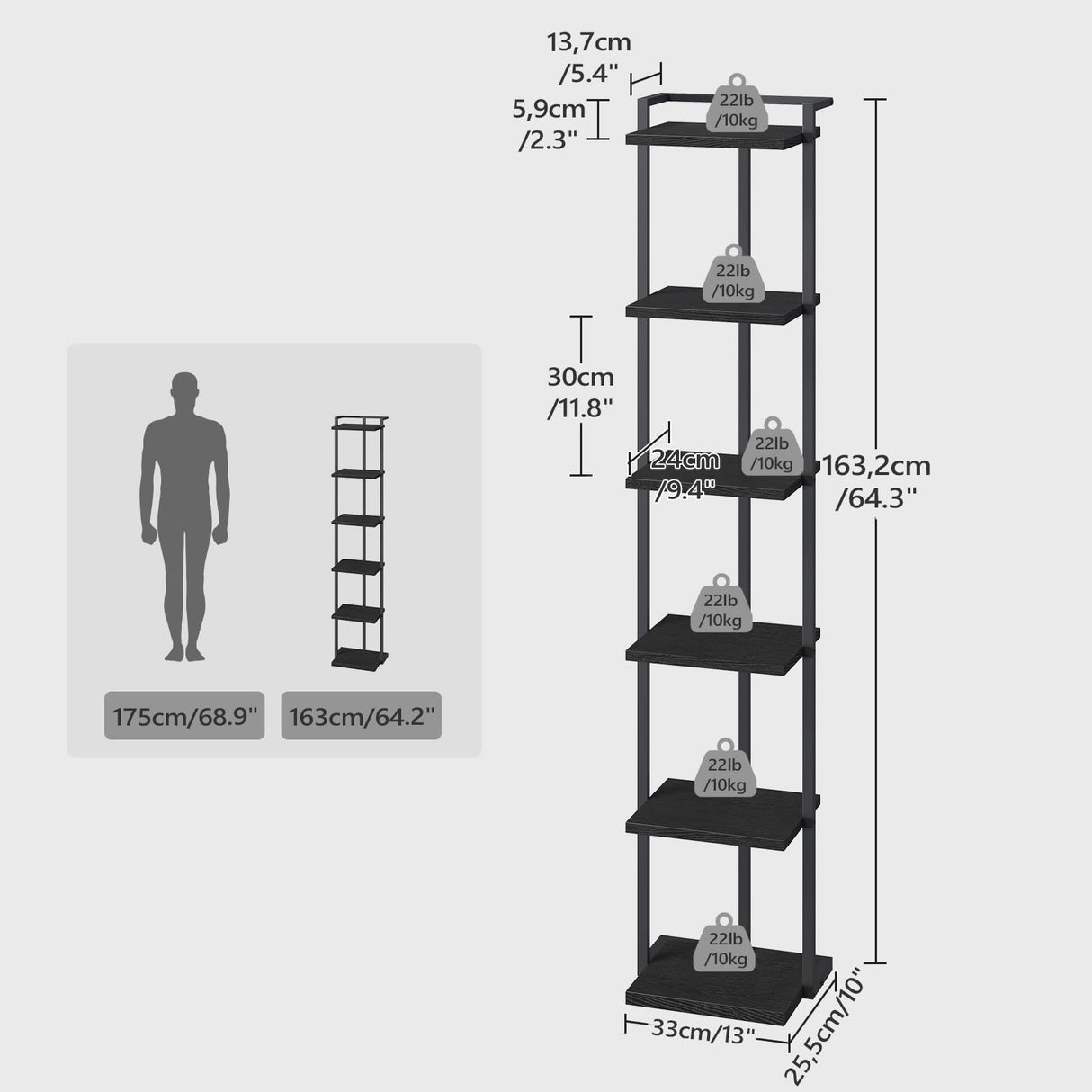 MAHANCRIS Bookshelf, 6-Tier Bookcase, Vertical Tall Narrow Book Shelf for Small Space, Open Storage Display Shelf with Stable Base & Anti-Tip Kits, for Living Room, Office, Study, Black BKBK11601 MAHANCRIS