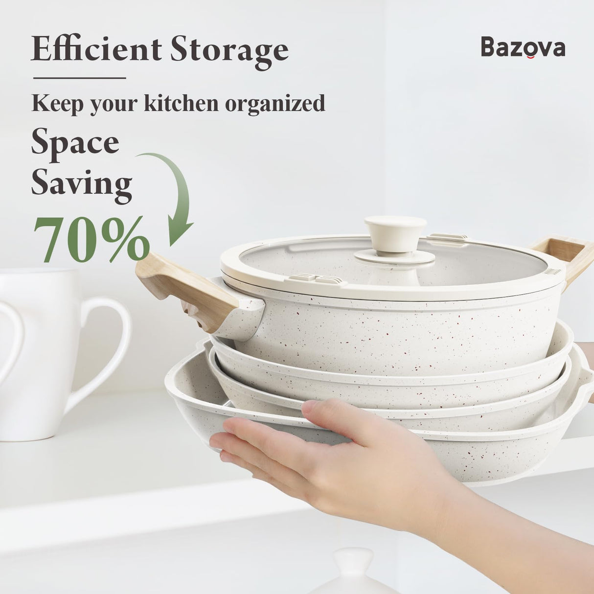 Bazova 19 Pcs Pots and Pans Set Non Stick Ceramic Cookware Set with Removable Handles, Non Toxic Induction Kitchen Cookware Sets RV Cookware,Dishwasher/Oven Safe PFAS/PTFE/PFOA Free Cream White bazova