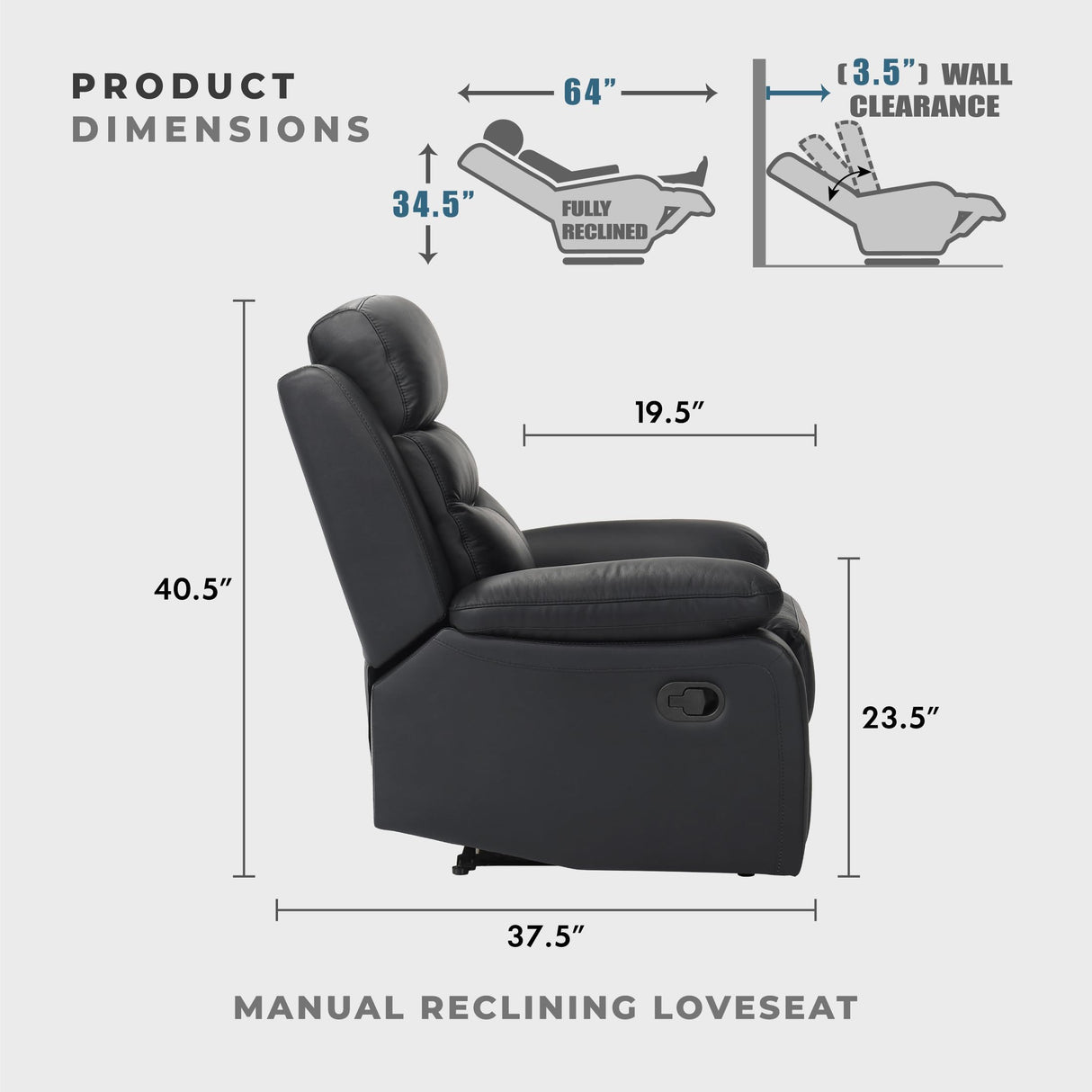 Lexicon 64" W Manual Reclining Loveseat, Top Grain Leather Match Reclining Love Seat, Home Theater Seating, Wall Hugger Recliner Couch, Manual Double Recliner RV Couch for Living Room, Black Lexicon