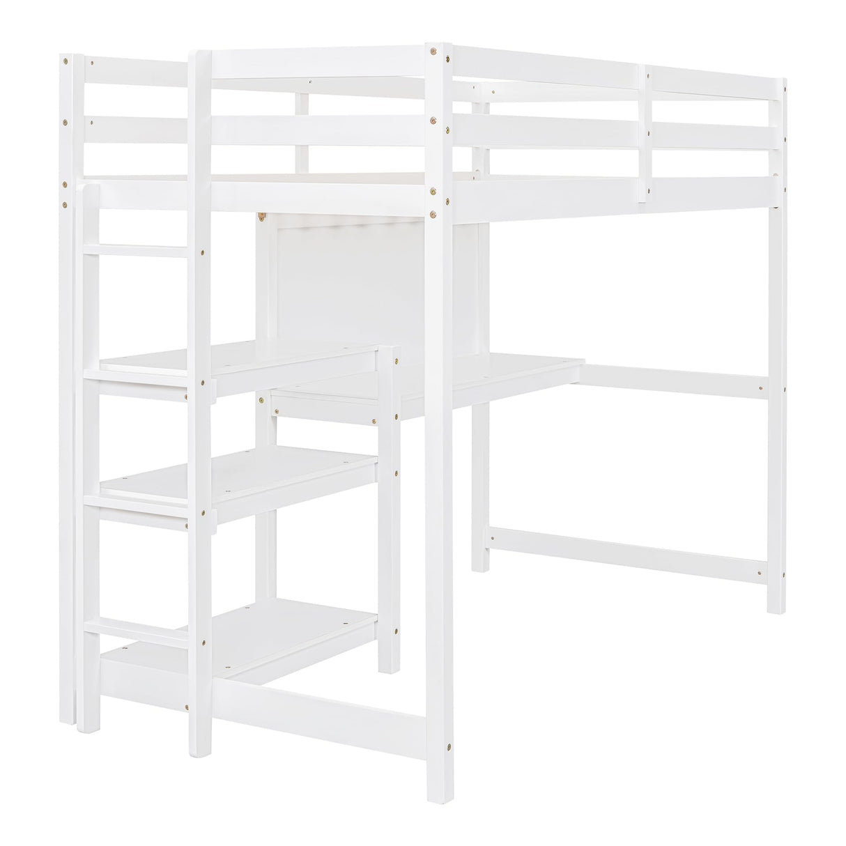 Merax Loft Bed Twin Size with Desk, Twin Loft Bed with Shelves and Writing Board for Kids, Boys or Girls, Wood Slat Support, No Box Spring Needed, White Merax