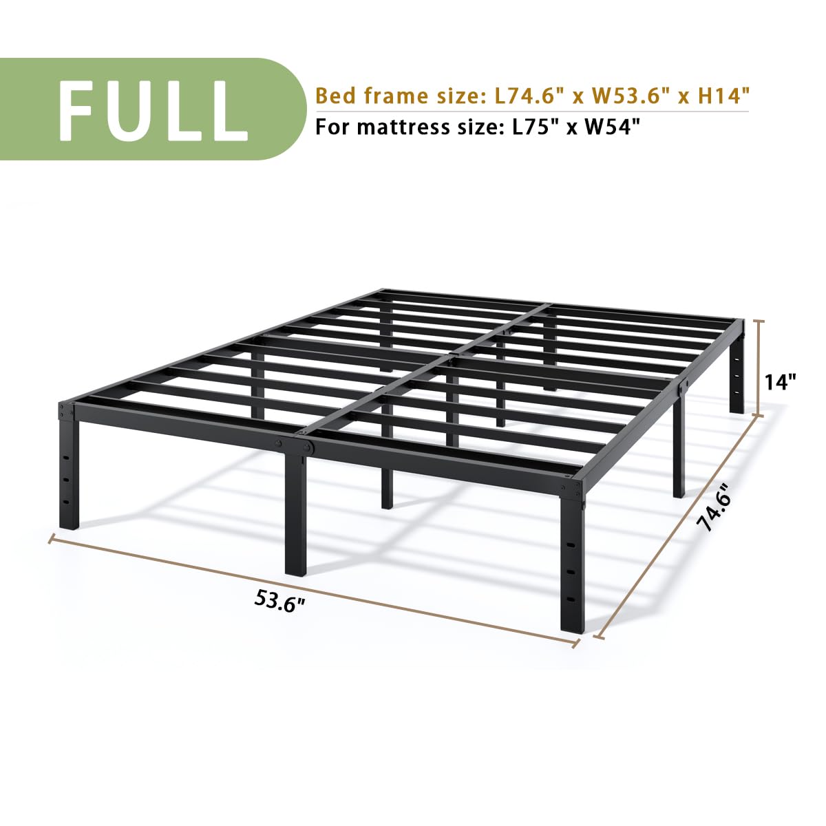 LUMUNANCE Metal Bed Frame Full Size - 14 Inch Heavy-Duty Full Platform Bed Frame No Box Spring Needed, Easy Assembly, Noise-Free, Sturdy Mattress Foundation, Underbed Storage Space LUMUNANCE