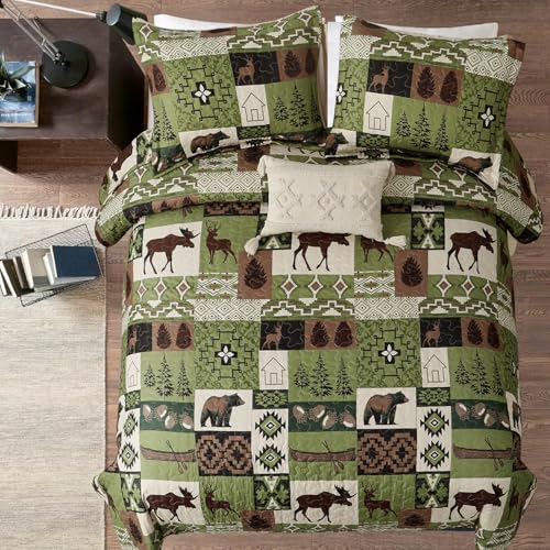 Quilts Set King Size Rustic Quilt Bedspread Coverlet King Quilt Bedding Country Lodge Patchwork Quilt Home Lightweight Reversible Bedspread Rustic Bear Bedding Cabin Moose Forest Animal Coverlet Olive ARL HOME